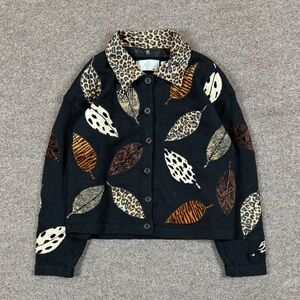 VTG Black Cardigan Sweater Womens S Leopard Print Beaded Leaves Removable Collar